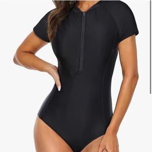 Yonique One piece zipper surfing swimsuit black gray small modest new with tags